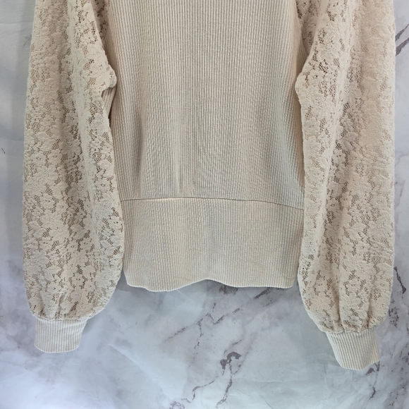 By Anthropologie Shirt Womes Large Cream Lace Sleeve Balloon Faux Wrap Sweater - Picture 9 of 15